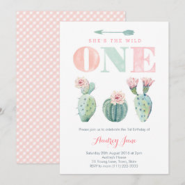 Pink Cacti Girl Einladungen zum 1. Geburtstag, Wüs
