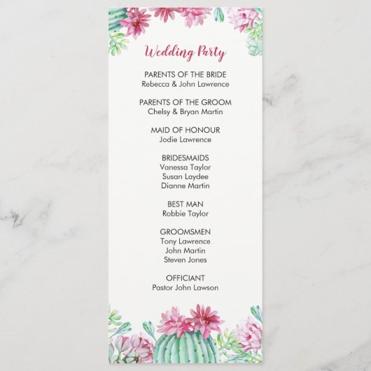 Pink Cactus Blume Succulents Wedding Program Programm (Rückseite)