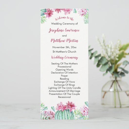 Pink Cactus Blume Succulents Wedding Program Programm (Stehend Vorderseite)