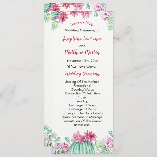 Pink Cactus Blume Succulents Wedding Program Programm (Vorne/Hinten)