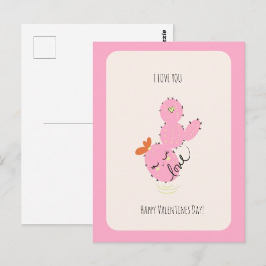 Pink Cactus Doodle Valentinstag Postkarte (Vorne/Hinten)