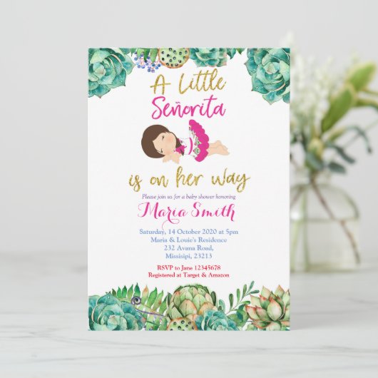 Pink Cactus Fiesta Baby Senorita Baby Dusche Einladung (Stehend Vorderseite)