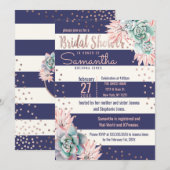 Pink Cactus Navy Stripes Rose Gold Brautparty Einladung (Vorne/Hinten)