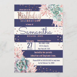 Pink Cactus Navy Stripes Rose Gold Geburtstagspart Einladung