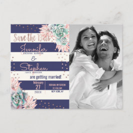 Pink Cactus Navy Stripes Rose Gold Save the Date Ankündigungspostkarte