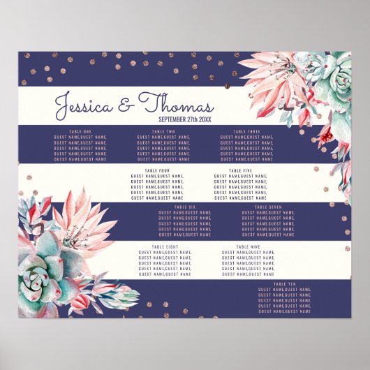 Pink Cactus Navy Stripes Rose Gold Seating Chart Poster (Vorne)