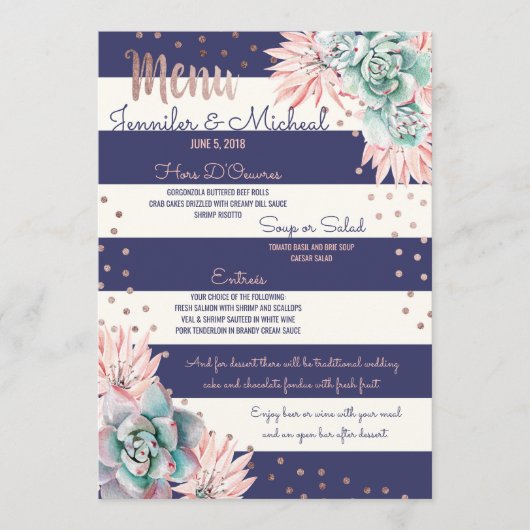 Pink Cactus Navy Stripes Rose Gold Wedding Menu Menükarte (Vorderseite)