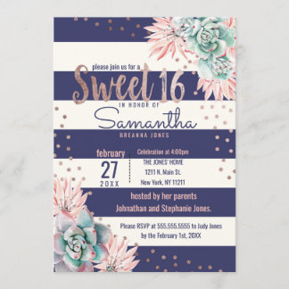 Pink Cactus Navy Stripes Rose Sweet 16 Einladungen