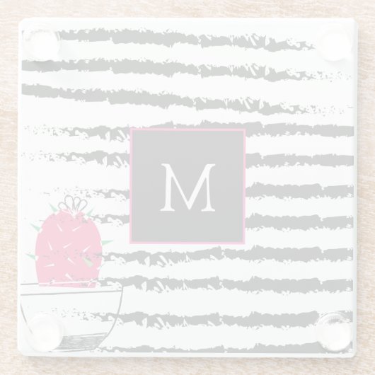 Pink Cactus striped pattern monogram Glasuntersetzer (Rückseite)