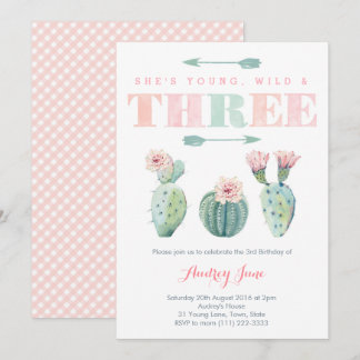 Pink Cactus Third Birthday Party Cards für Mädchen Einladung