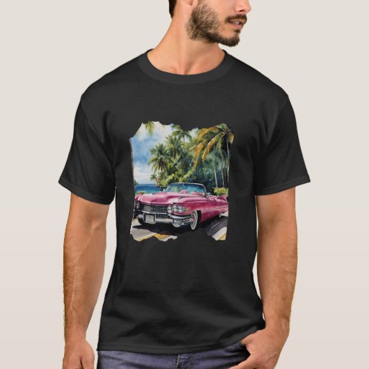Pink Cadillac Vintages Fahrzeug Aquarell T-Shirt (Vorderseite)