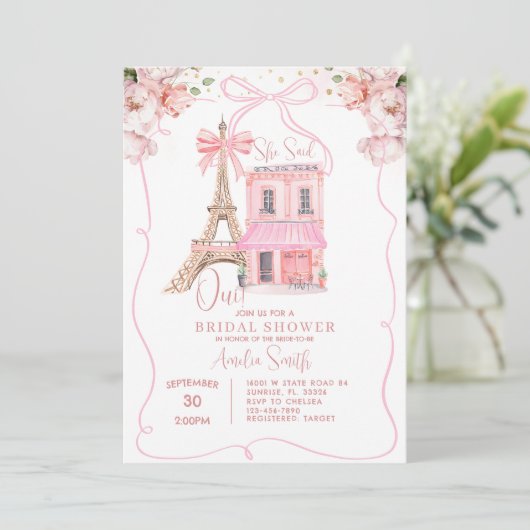 Pink Café Paris Bow Eiffel Tower Brautparty Einladung (Stehend Vorderseite)