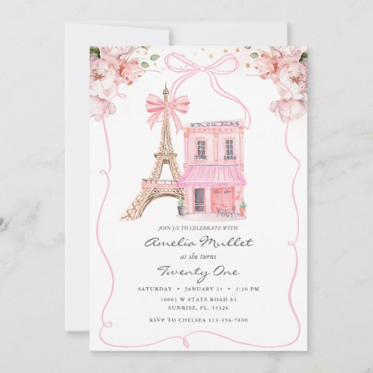 Pink Café Paris Bow Eiffel Tower Jegliches Alter G Einladung (Vorderseite)
