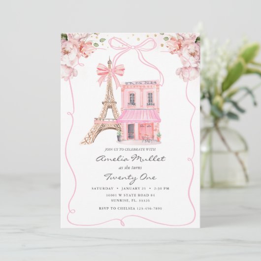 Pink Café Paris Bow Eiffel Tower Jegliches Alter G Einladung (Stehend Vorderseite)