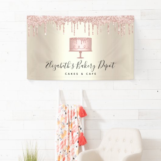 Pink Cake Bakery Koch Glitzer Tropfen Script Gold Banner (Insitu)