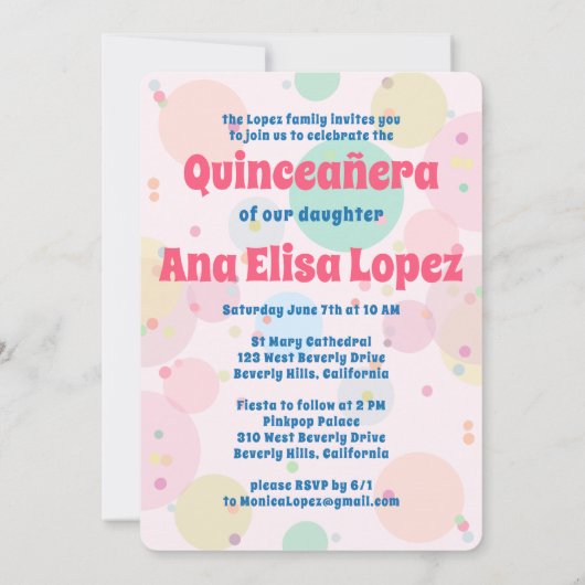 Pink Cake Bubbles Whimsical QUINCEANERA Custom Einladung (Rückseite)