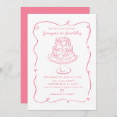 Pink Cake Conquette Bow Girl's 1. Geburtstag Einladung (Vorne/Hinten)