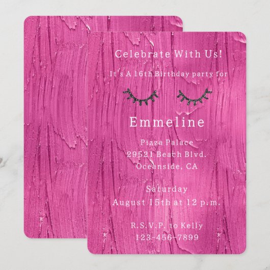 Pink Cake Glitzy Black Glitzern Eyelashes Geburtst Einladung (Vorne/Hinten)