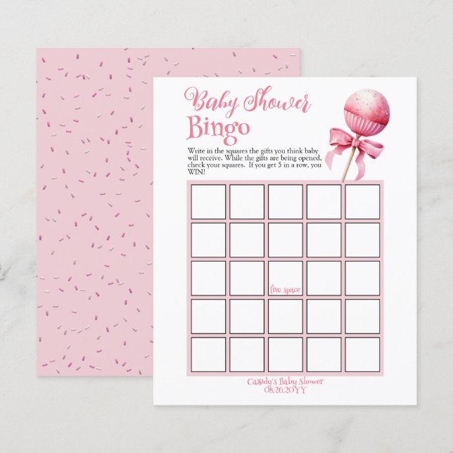Pink Cake Pop Kinderdusche Bingo Spiel (Vorne/Hinten)