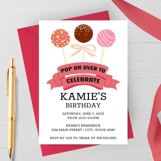 Pink Cake Pops Geburtstagsparty Einladung