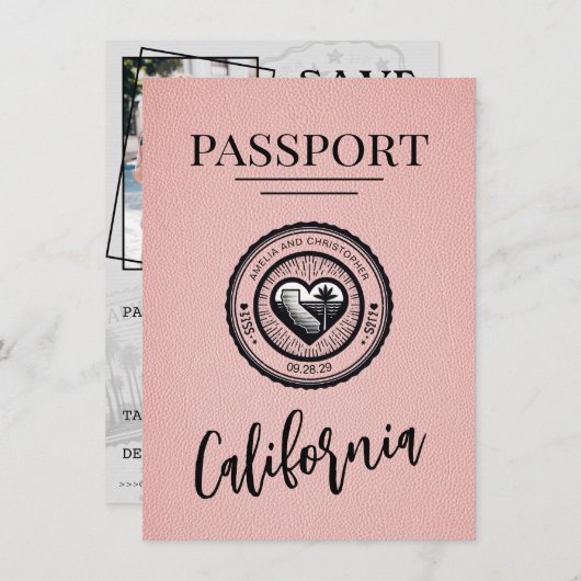 Pink California Passport Save the Date (Vorne/Hinten)