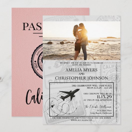 Pink California Passport Wedding Einladung (Vorne/Hinten)