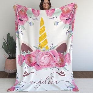 Pink California Poppies Floral Unicorn Kopf Fleecedecke