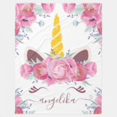 Pink California Poppies Floral Unicorn Kopf Fleecedecke (Vorderseite)