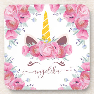 Pink California Poppies Floral Unicorn Kopf Getränkeuntersetzer