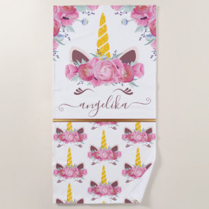 Pink California Poppies Floral Unicorn Kopf Strandtuch