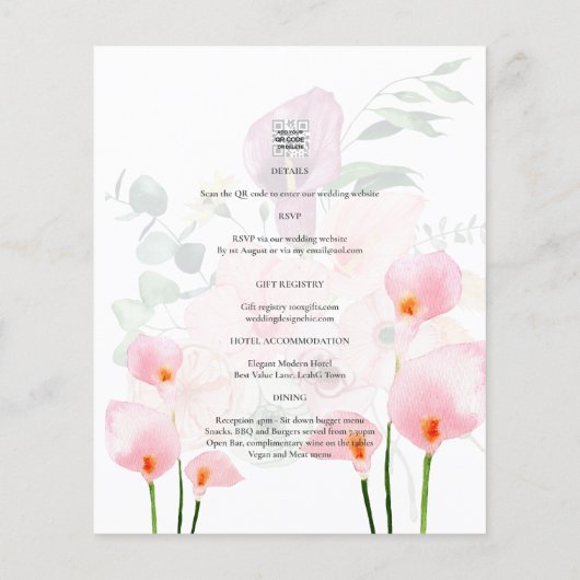 PINK CALLA LILILIES FOTO OVERLAY WEDING EINLADUNG FLYER (Hinten)