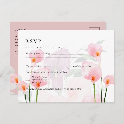 Pink Calla Lily Bouquet Wedding RSVP Postkarte (Vorne/Hinten)