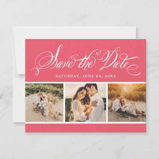 Pink Calligraphy Script Wedding Foto Collage Save The Date (Vorderseite)
