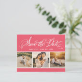Pink Calligraphy Script Wedding Foto Collage Save The Date (Stehend Vorderseite)