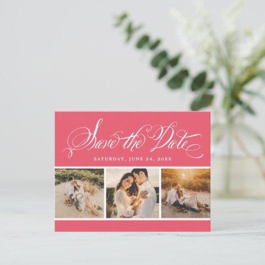 Pink Calligraphy Script Wedding Foto Collage Save The Date (Stehend Vorderseite)
