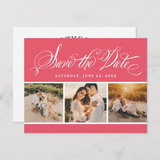 Pink Calligraphy Script Wedding Foto Collage Save The Date (Vorne/Hinten)
