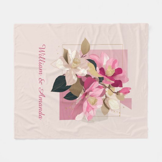Pink Camellia Bloom Fleece Blanket (Vorderseite (Horizontal))