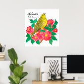 Pink Camellias Bird Yellowhammer Wassercolor Poster (Heimbüro)