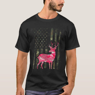 Pink Camouflage American Flag Camouflage Buck Hunt T-Shirt