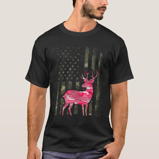 Pink Camouflage American Flag Camouflage Buck Hunt T-Shirt (Vorderseite)