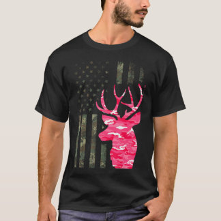 Pink Camouflage American Flag Camouflage Buck Hunt T-Shirt
