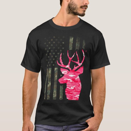 Pink Camouflage American Flag Camouflage Buck Hunt T-Shirt (Vorderseite)