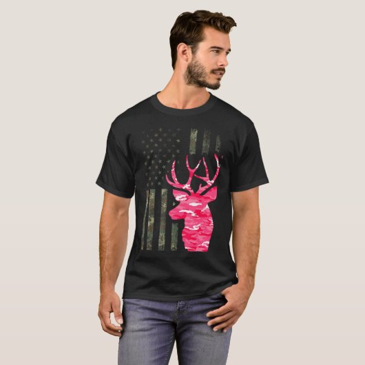 Pink Camouflage American Flag Camouflage Buck Hunt T-Shirt (Vorne ganz)
