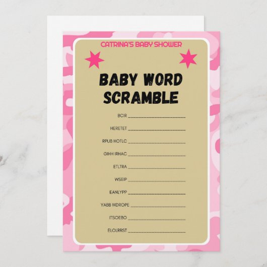 Pink Camouflage Baby Showgame - bestellbarer Name, Einladung (Vorne/Hinten)