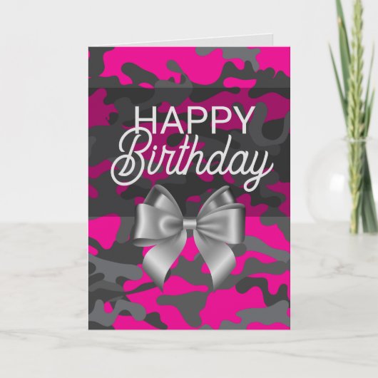 Pink Camouflage & Bow Happy Birthday Card Dankeskarte (Vorderseite)