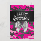 Pink Camouflage & Bow Happy Birthday Card Einladung (Vorne/Hinten)