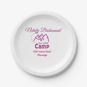 Pink Camp Bridesmaid geben Name Datum Jahr Bachelo Pappteller