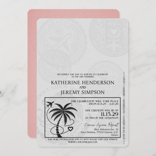 Pink Cancun Passport Wedding Einladung (Vorne/Hinten)