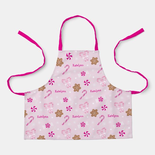 Pink Candy Cane Bow Gingerbrei Snowflake Name Schürze (Vorderseite)