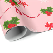 Pink Candy Cane und Red Ribbon Weihnachtsberries Geschenkpapier (Rolleneckpunkt)